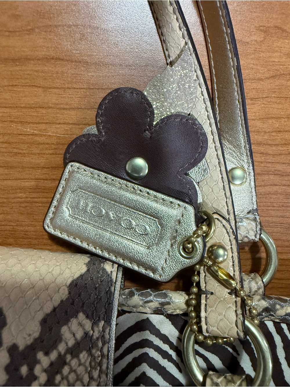 Coach Beige Woven Straw Tote with Snake-Print Trim - Picture 2 of 5